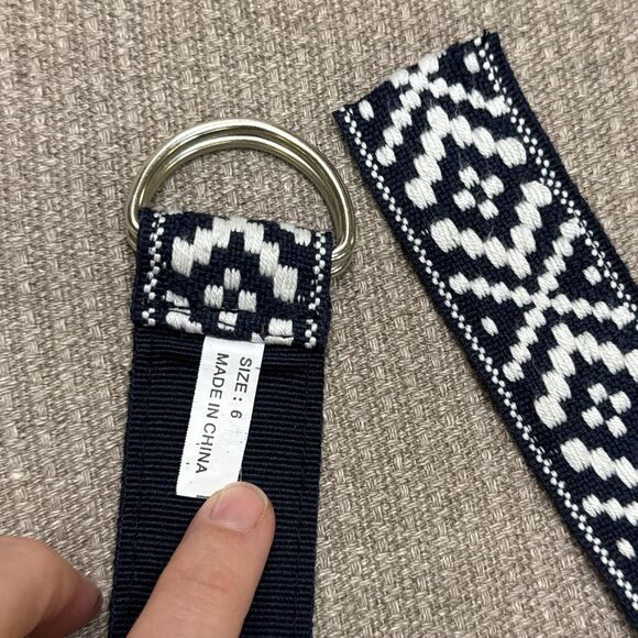 Navy & White D-ring Buckle Embroidered Boho Hippie Belt Southwest Geo Pattern - Picture 4 of 4